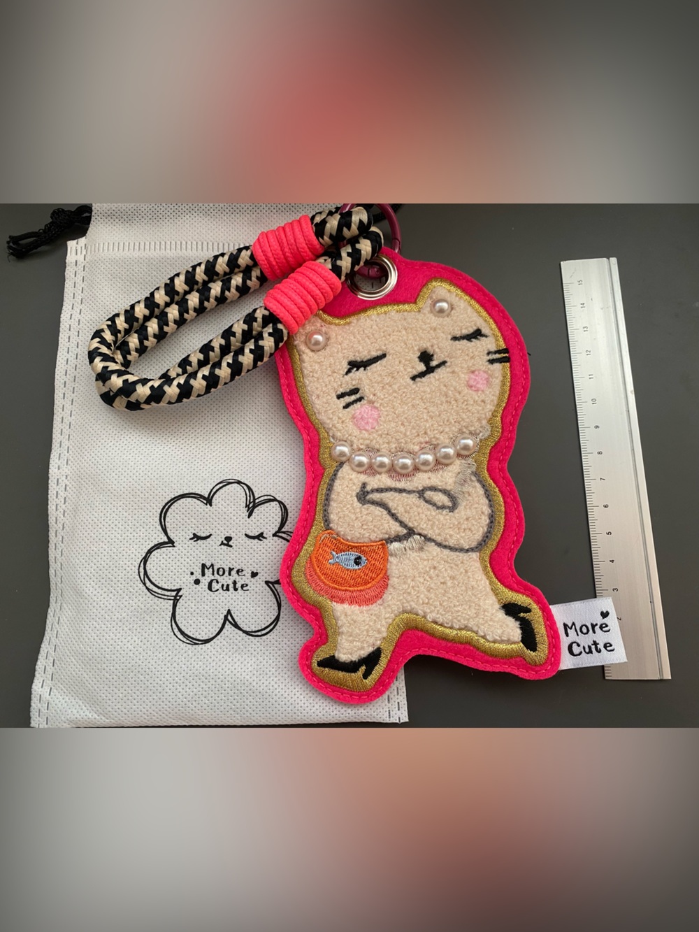 Extra Large Cute Cat Charm Keychain with Pink Trim